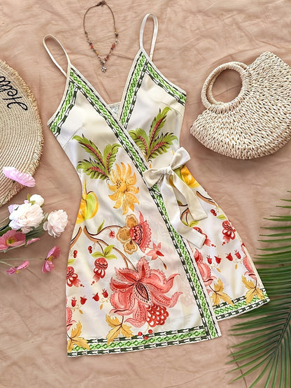 Abito portefeuille tropicale donna stile vacanze con stampa floreale e pappagallo