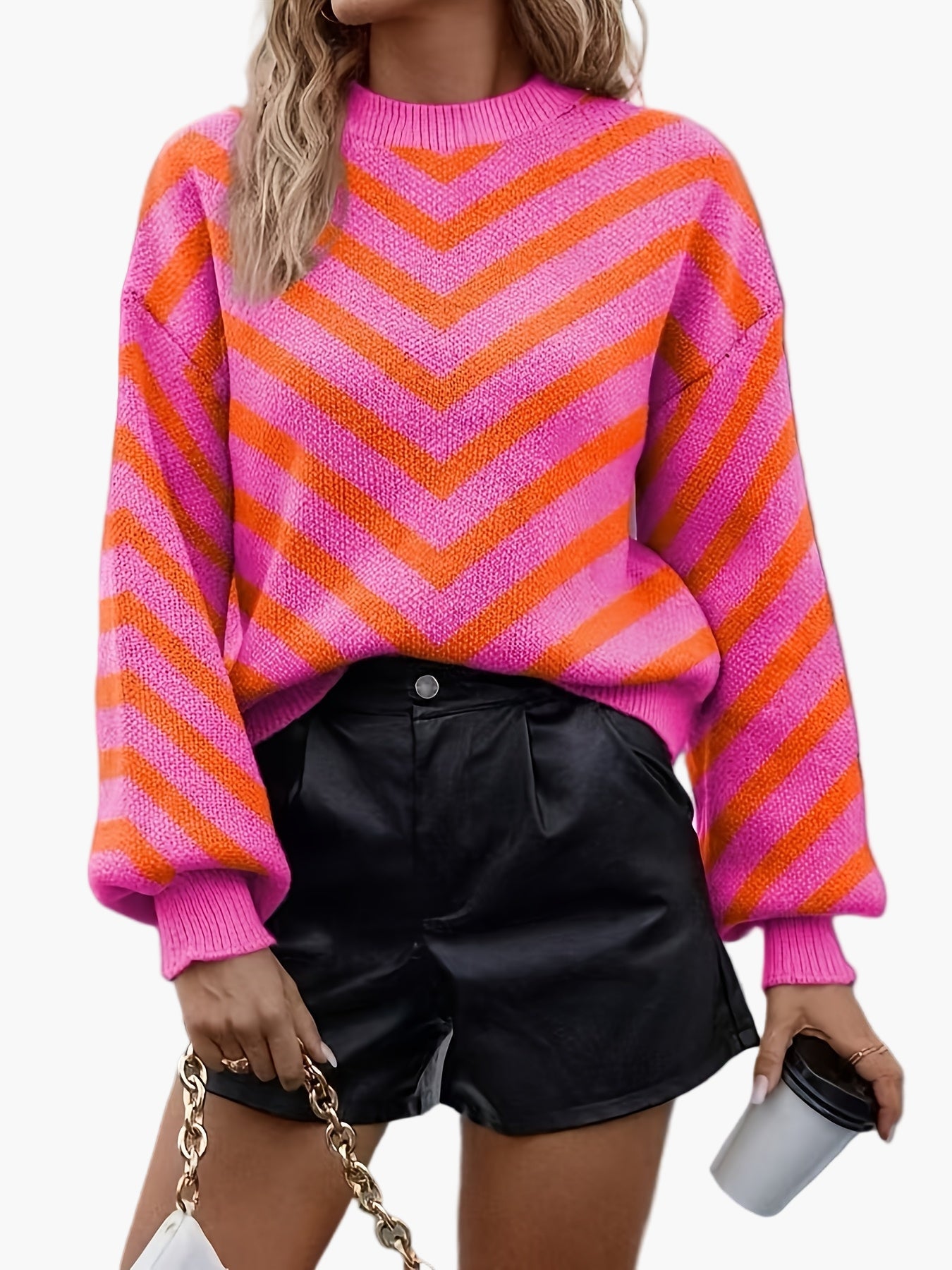 Elegancki sweter damski w paski jodełkowe, styl jesienno-zimowy, z długim rękawem, luźny krój