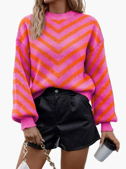 Elegancki sweter damski w paski jodełkowe, styl jesienno-zimowy, z długim rękawem, luźny krój