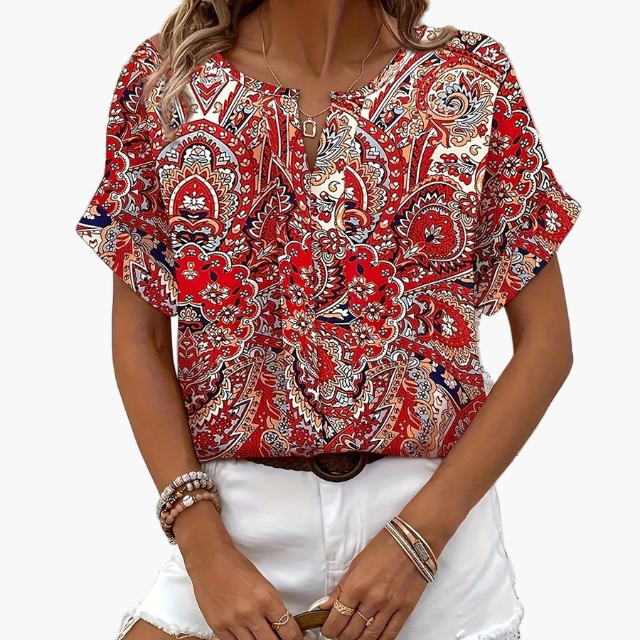 Blusa elegante estampada de manga corta para mujer – Estilo casual chic, ideal para el verano y el fin de semana