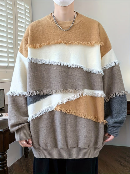 Pull Homme Col Rond Color Block à Franges Tricoté Décontracté