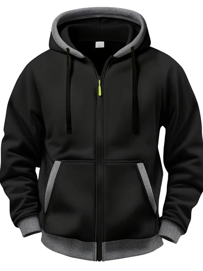 Sweat à Capuche Zippé Bicolore Homme avec Poches Kangourou et Cordon de Serrage