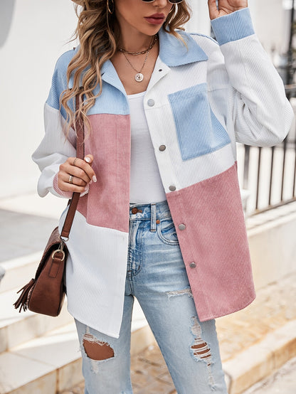 Veste Chemise Femme Blocs de Couleurs Velours Côtelé Boutons Col Chemise Manches Longues