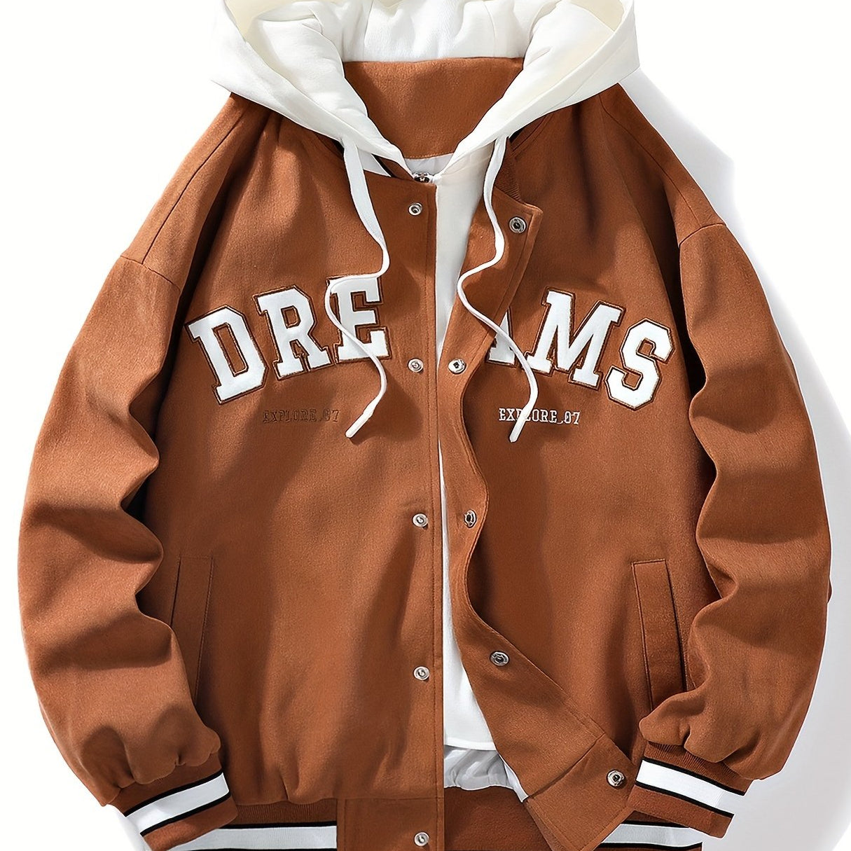 Veste universitaire bicolore blanche et marron pour homme avec capuche et inscription "DREAMS"