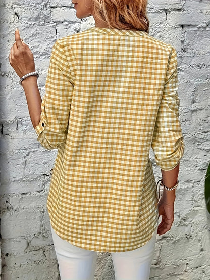 Lässige Damenbluse mit Karomuster, schicker Alltagsstil, hochgekrempelte Ärmel, V-Ausschnitt  