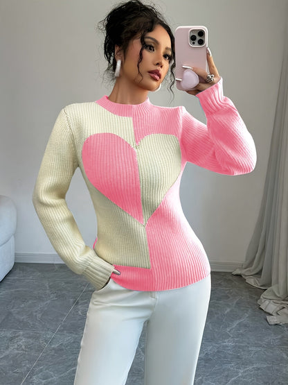 Pull femme bicolore côtelé à motif cœur, col montant, manches longues