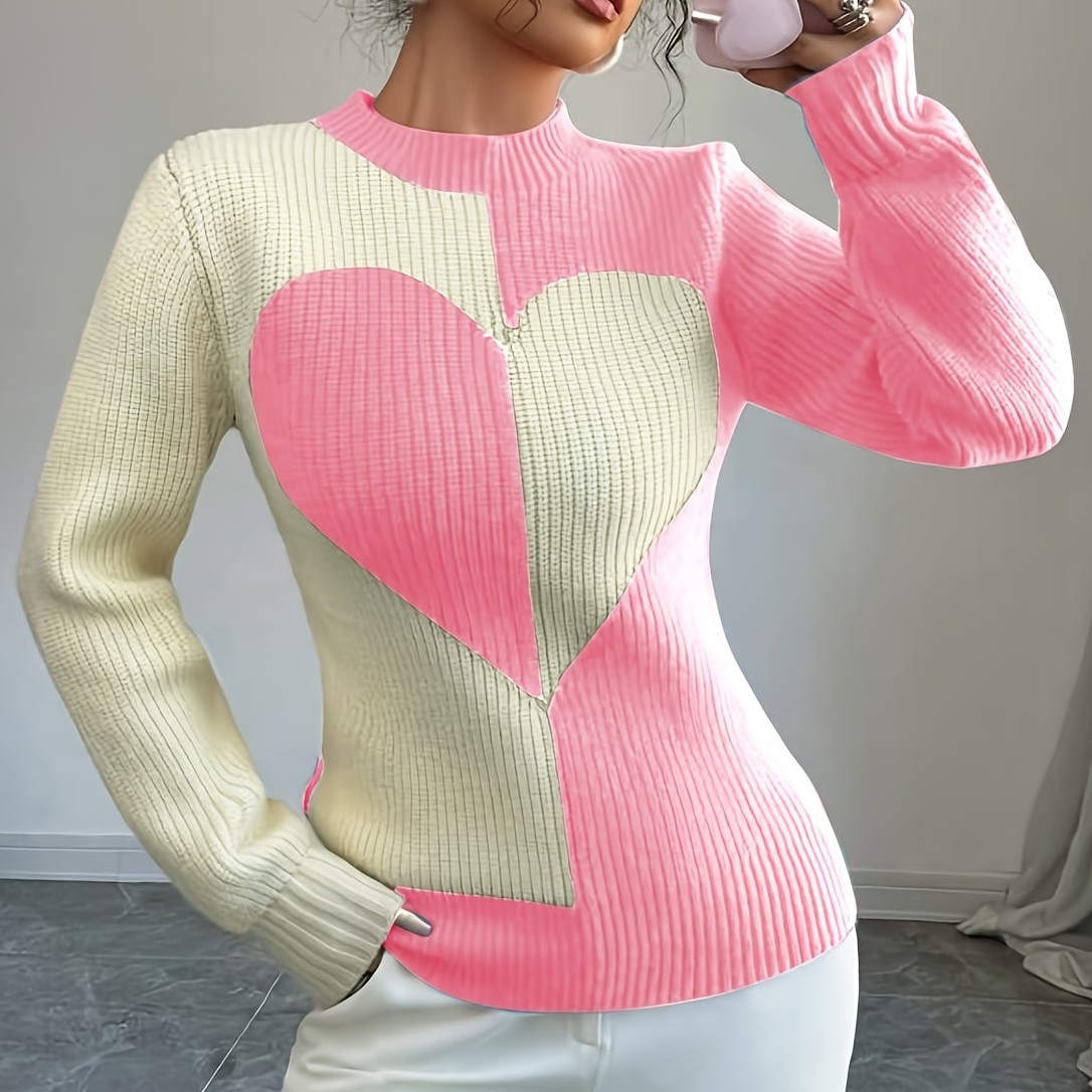 Pull femme bicolore côtelé à motif cœur, col montant, manches longues