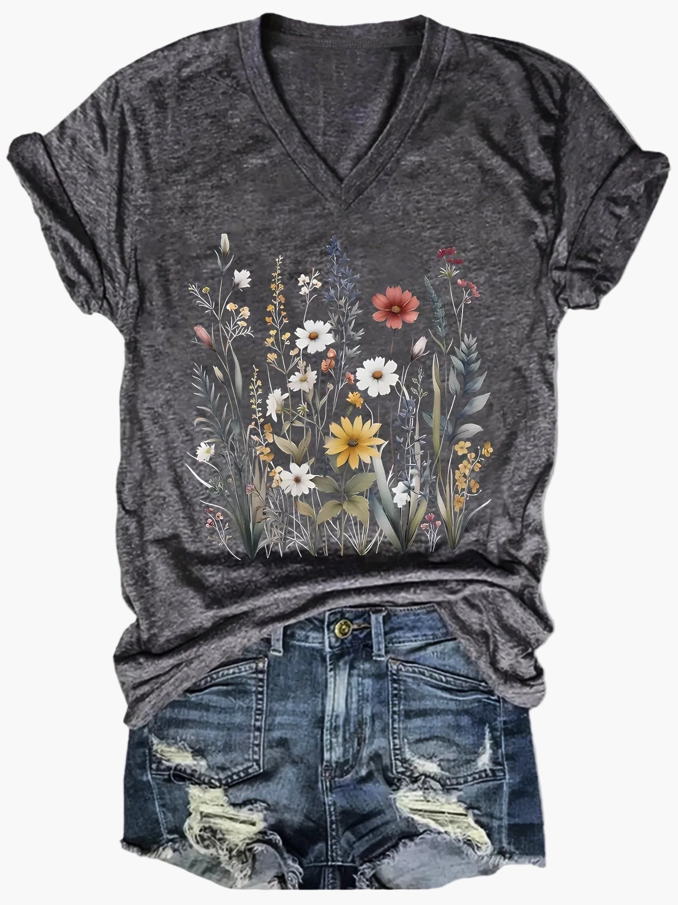 Afslappet dame-T-shirt med V-hals og boheme blomsterprint til sommeren