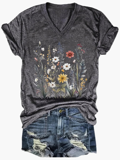 Afslappet dame-T-shirt med V-hals og boheme blomsterprint til sommeren