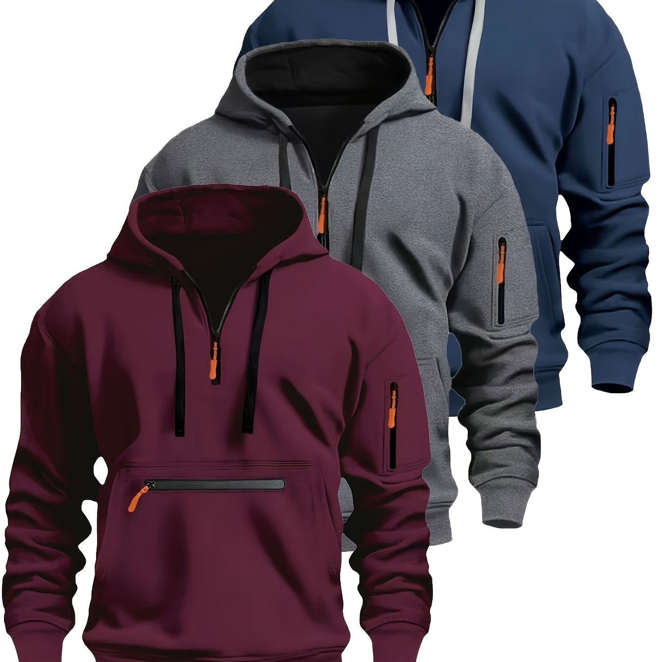Sweat à Capuche Homme Zippé Mi-long avec Poche Kangourou et Manches Zippées