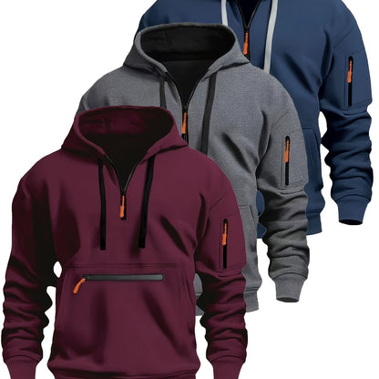 Sweat à Capuche Homme Zippé Mi-long avec Poche Kangourou et Manches Zippées