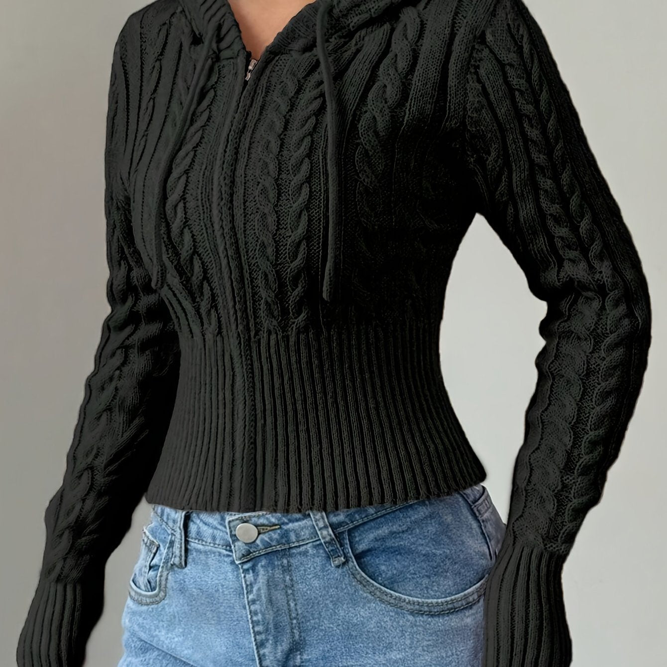 Sweat à capuche Femme tricoté torsadé court avec zip et cordon de serrage