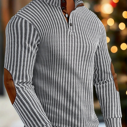 Pull homme à col montant boutonnable, motif tissé et empiècements aux coudes