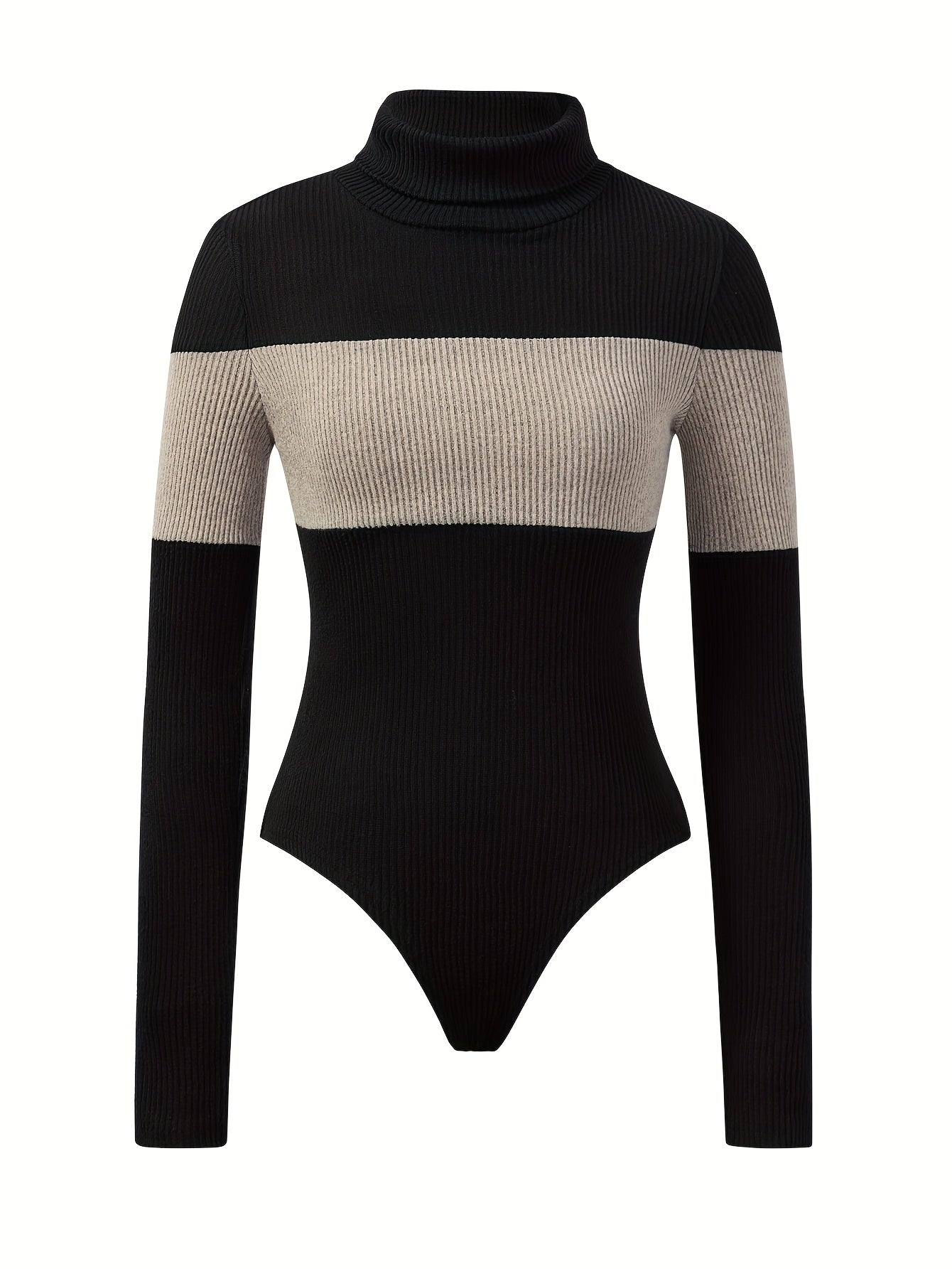 Body côtelé femme col roulé manches longues noir beige