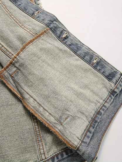 Veste sans manches en denim délavé bleu pour homme avec boutons et poches