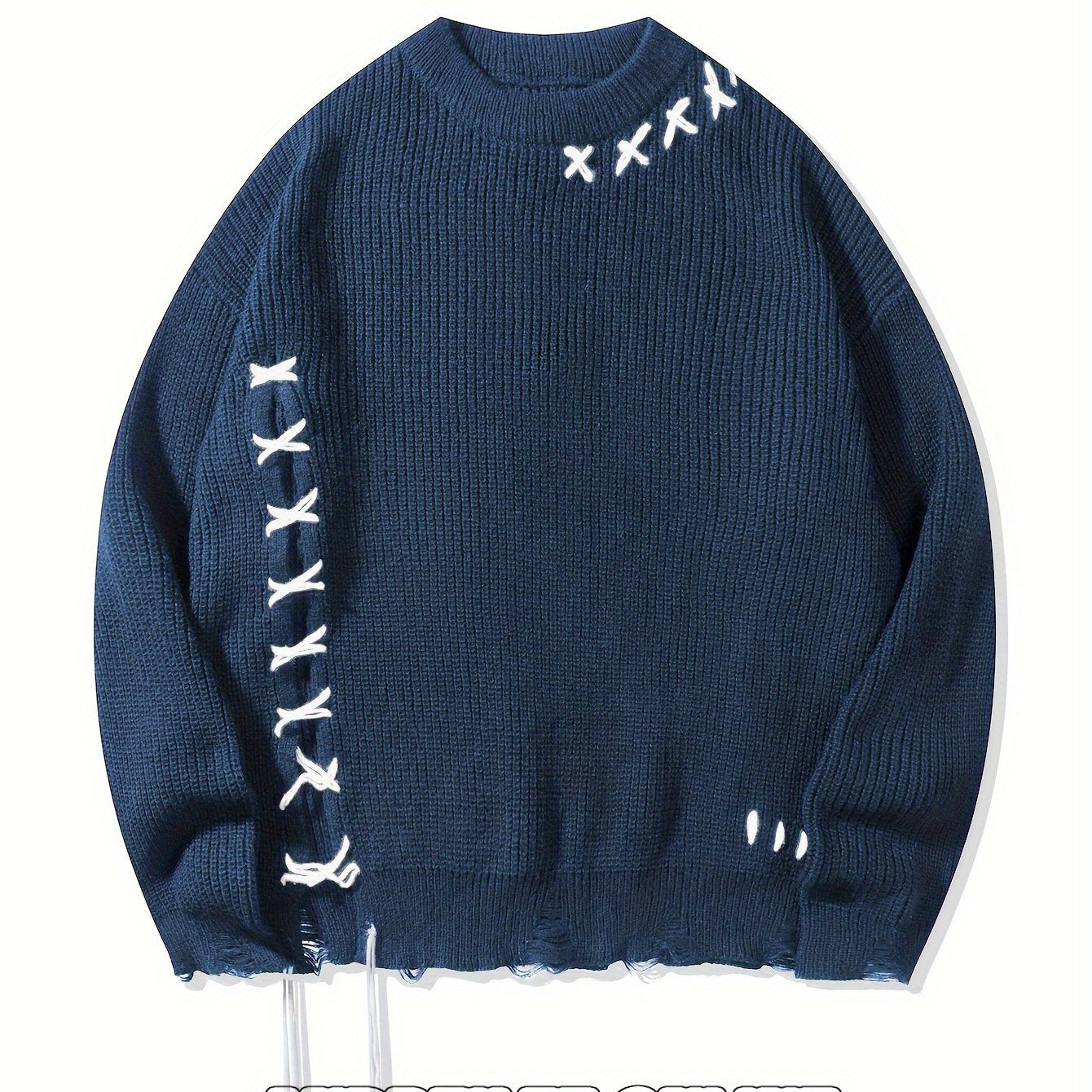 Pull en maille unisexe noir à col rond avec détails de lacets et ourlet effiloché