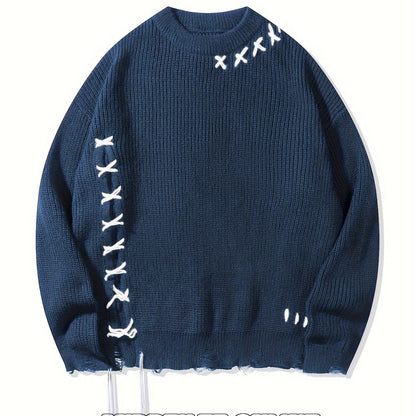 Pull en maille unisexe noir à col rond avec détails de lacets et ourlet effiloché