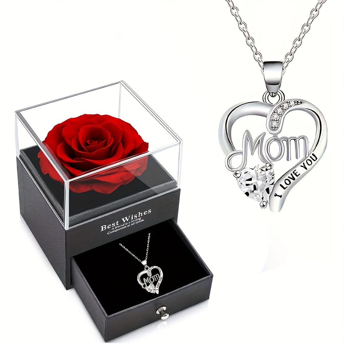 Collier Femme Pendentif Coeur 'Mom' avec Rose Éternelle – Cadeau Élégant pour la Fête des Mères