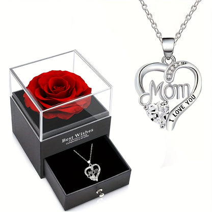 Collier Femme Pendentif Coeur 'Mom' avec Rose Éternelle – Cadeau Élégant pour la Fête des Mères