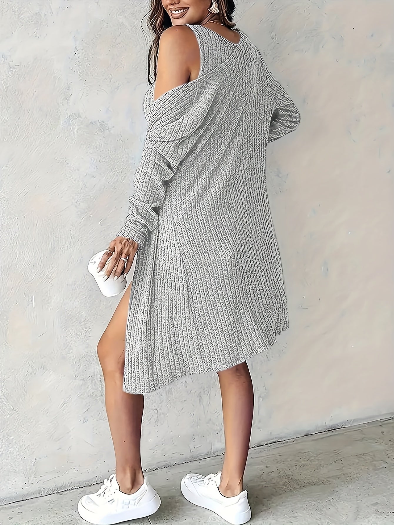 Ensemble cardigan long et robe courte côtelés pour femme, débardeur boutonnage