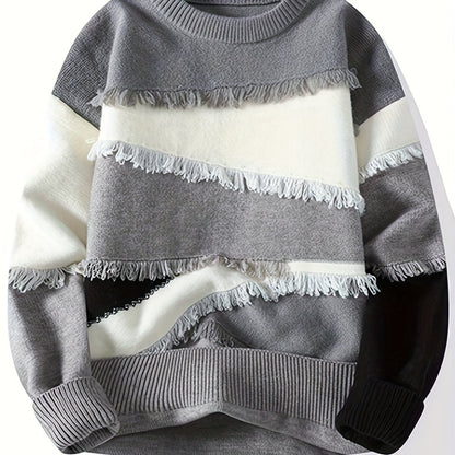 Pull Homme Col Rond Color Block à Franges Tricoté Décontracté