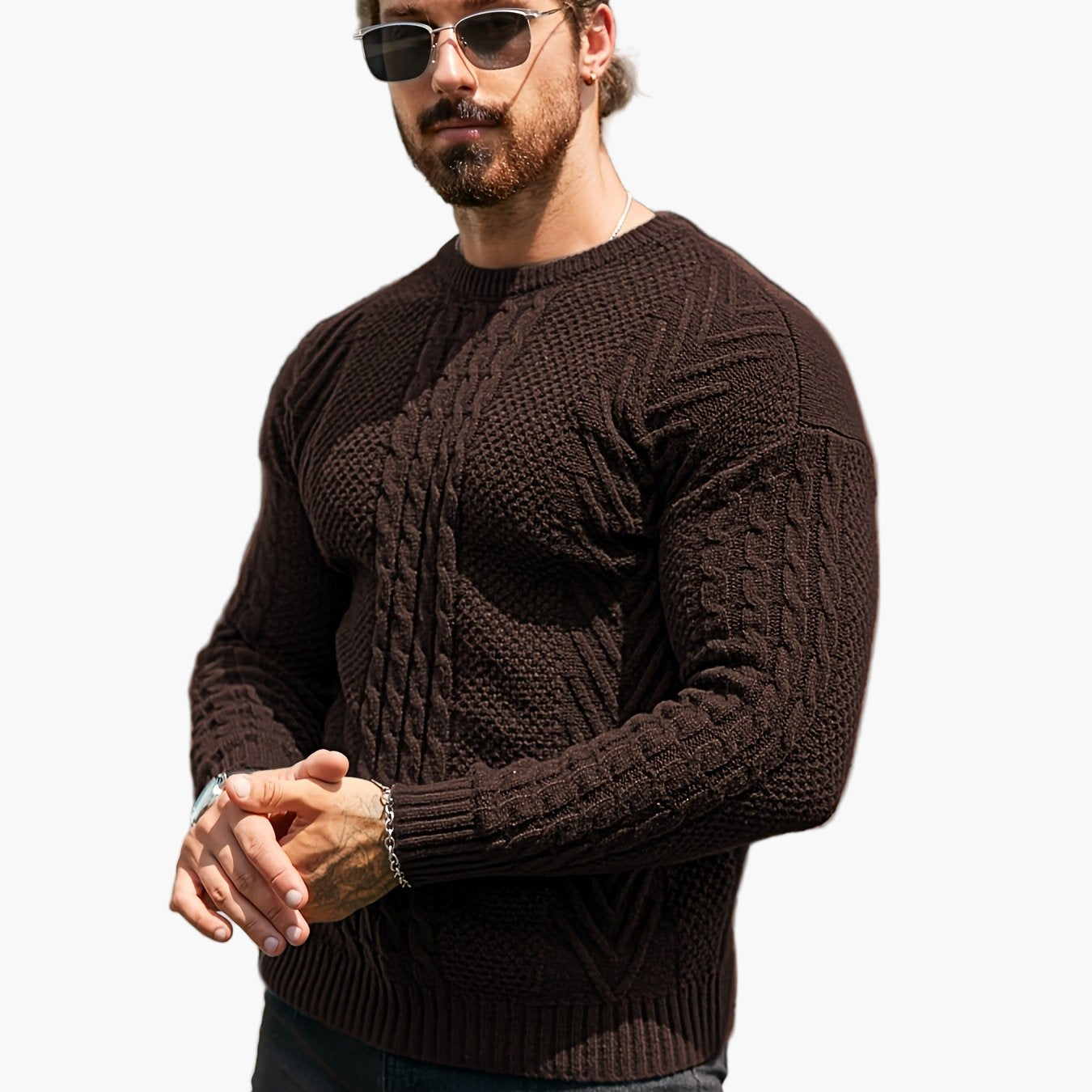 Jersey de punto trenzado para hombre estilo urbano casual – Mangas largas, elegante otoño/invierno