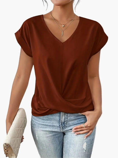 T-shirt décontracté col en V pour femme - Style chic et polyvalent, idéal quotidien et sorties