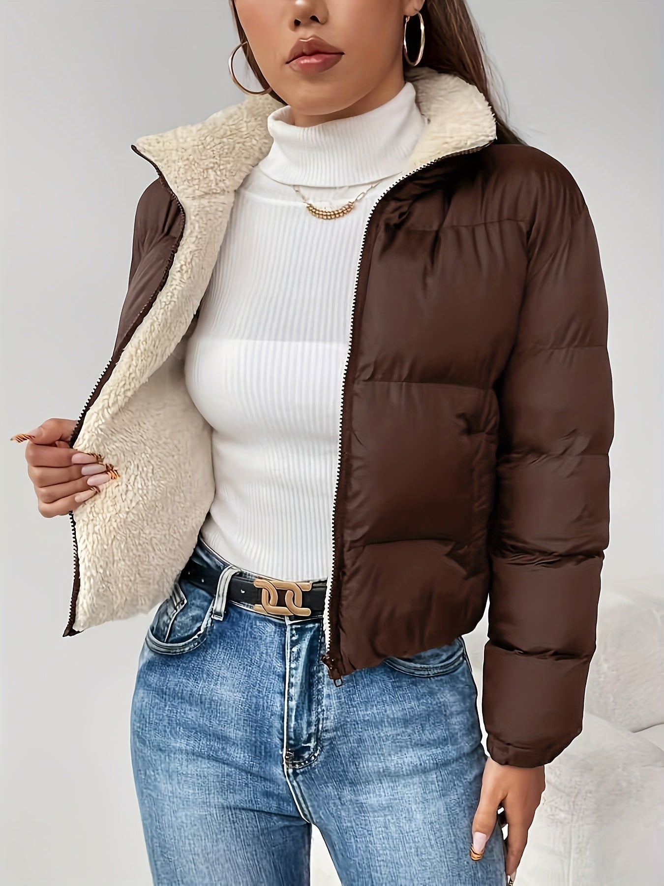 Doudoune Courte Femme Matelassée Col Montant Doublure Douce Noir