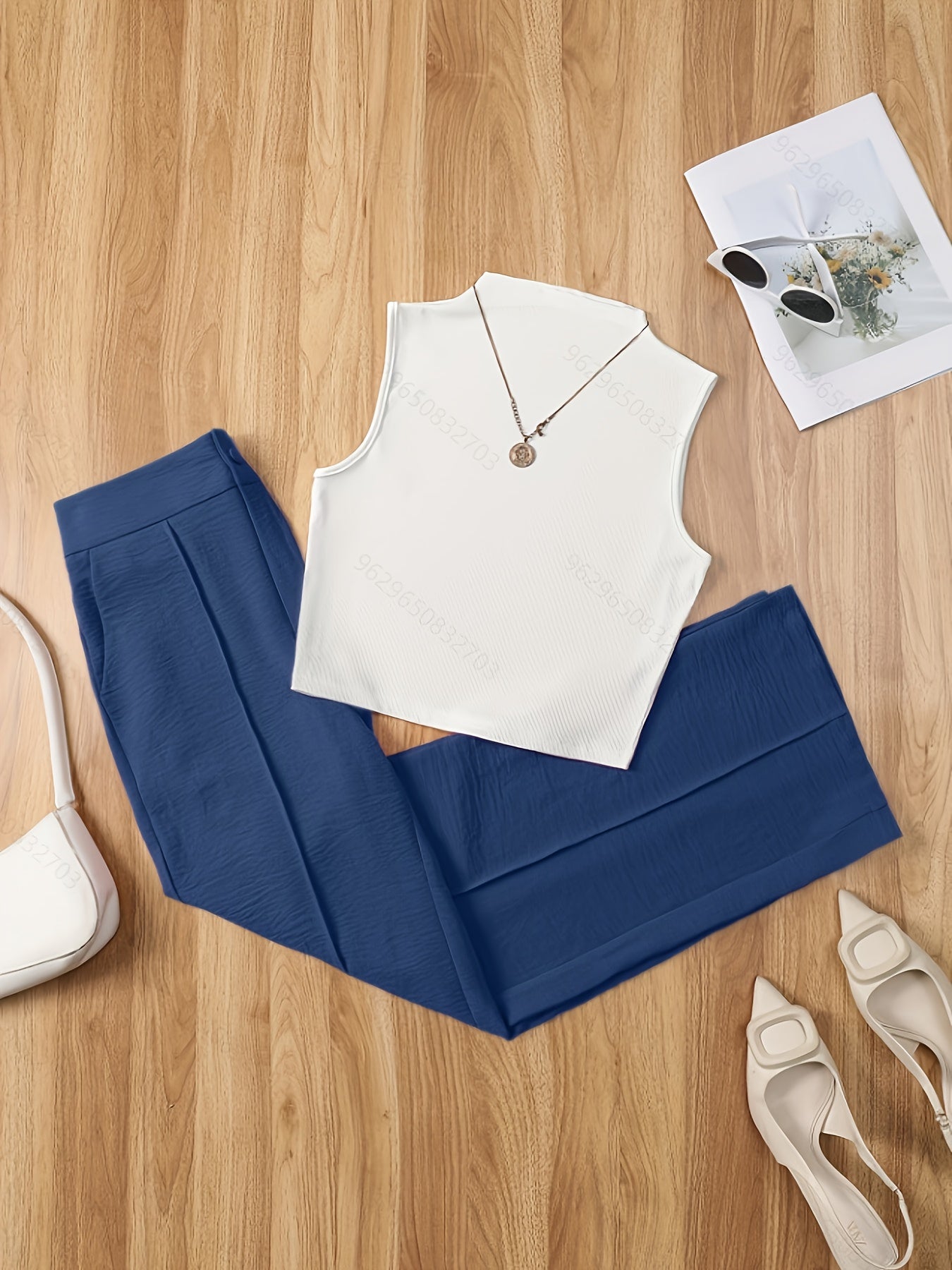 Ensemble élégant femme – Débardeur sans manches et pantalon taille haute – Idéal printemps/été
