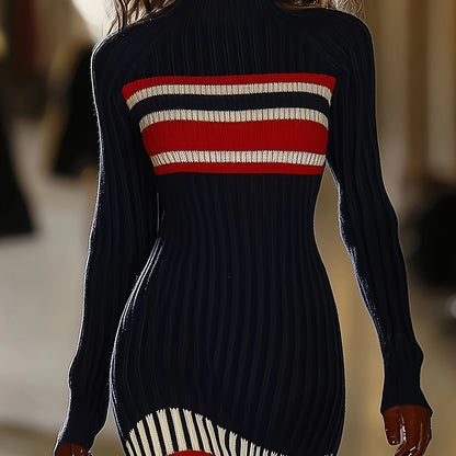 Robe côtelée moulante femme bleue marine à col roulé rayures rouge et blanc