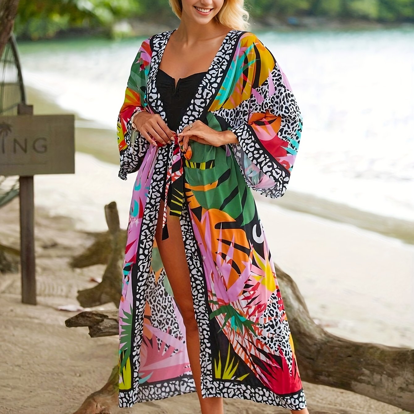 Kimono Long de Plage pour Femme Style Tropical Graphique et Animalier - Idéal Vacances et Bord de Mer