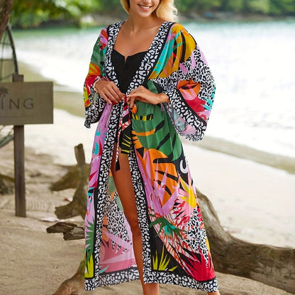 Kimono Long de Plage pour Femme Style Tropical Graphique et Animalier - Idéal Vacances et Bord de Mer