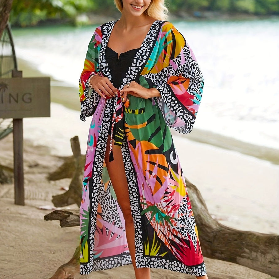 Kimono largo de playa para mujer estilo tropical gráfico y animal print - Ideal para vacaciones y la costa