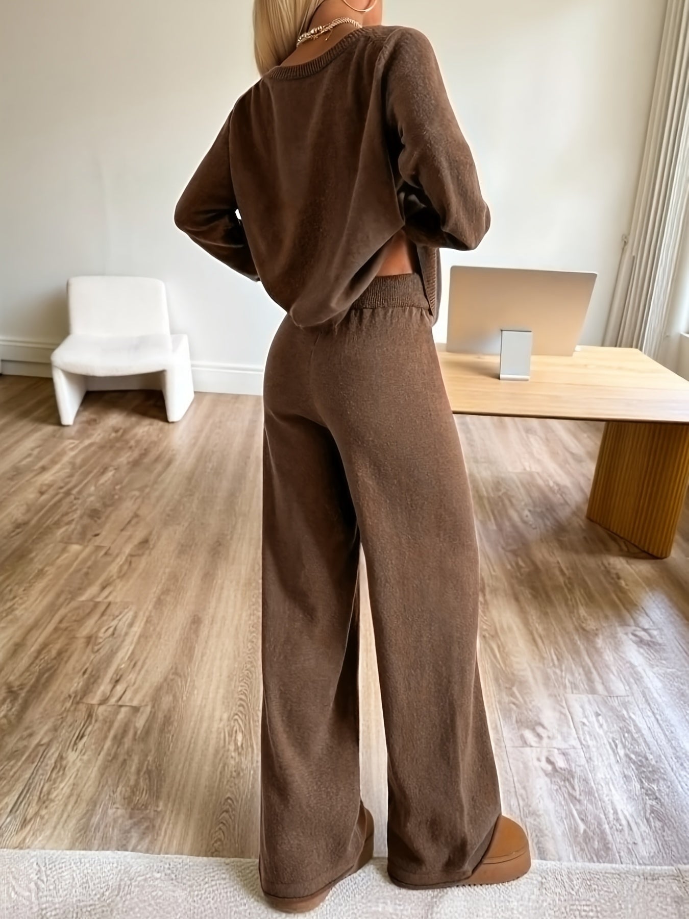Ensemble Femme Pull et Pantalon Large Marron Tricot Décontracté Manches Longues Col Rond