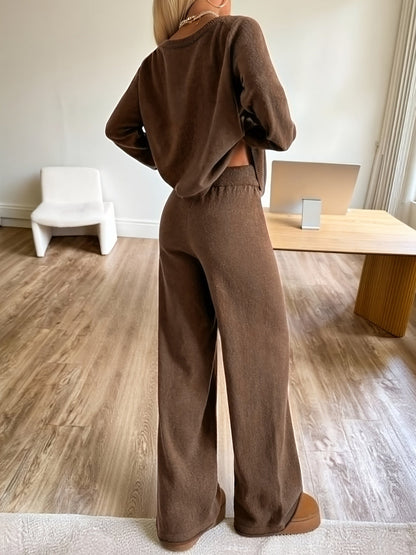 Ensemble Femme Pull et Pantalon Large Marron Tricot Décontracté Manches Longues Col Rond