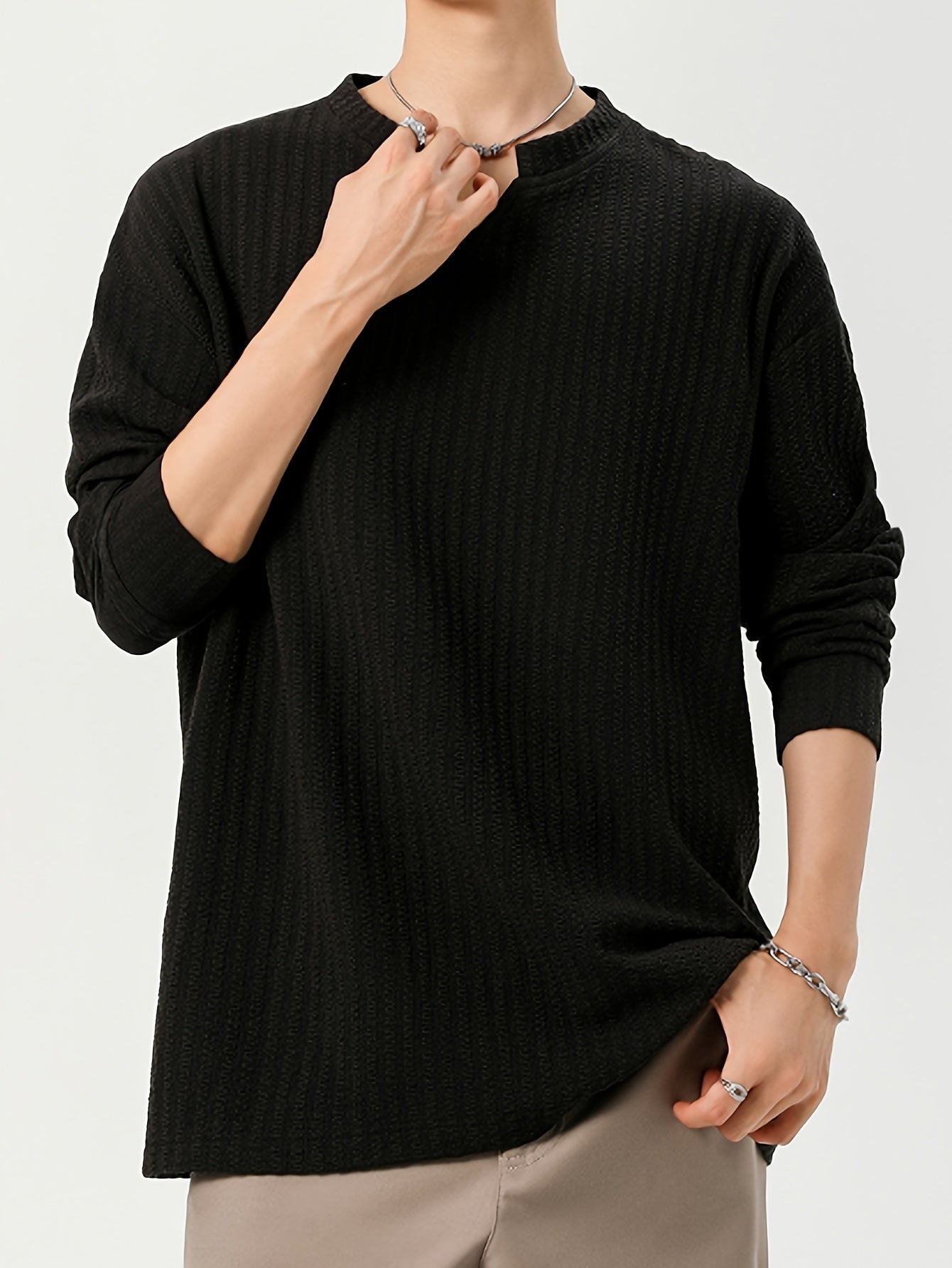 T-shirt Homme Manches Longues Texture Texturée Col V Doux Couleur Unie