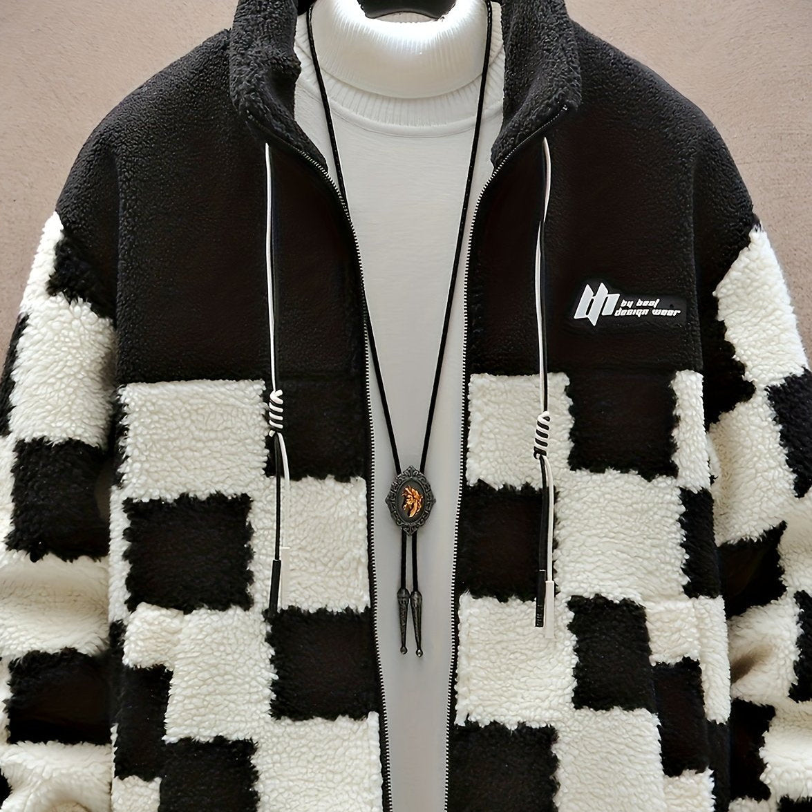 Veste Polaire Homme à Carreaux Bicolores Douce Col Montant Fermeture Éclair