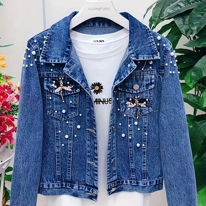 Veste en jean femme bleue brodée de perles et ornements