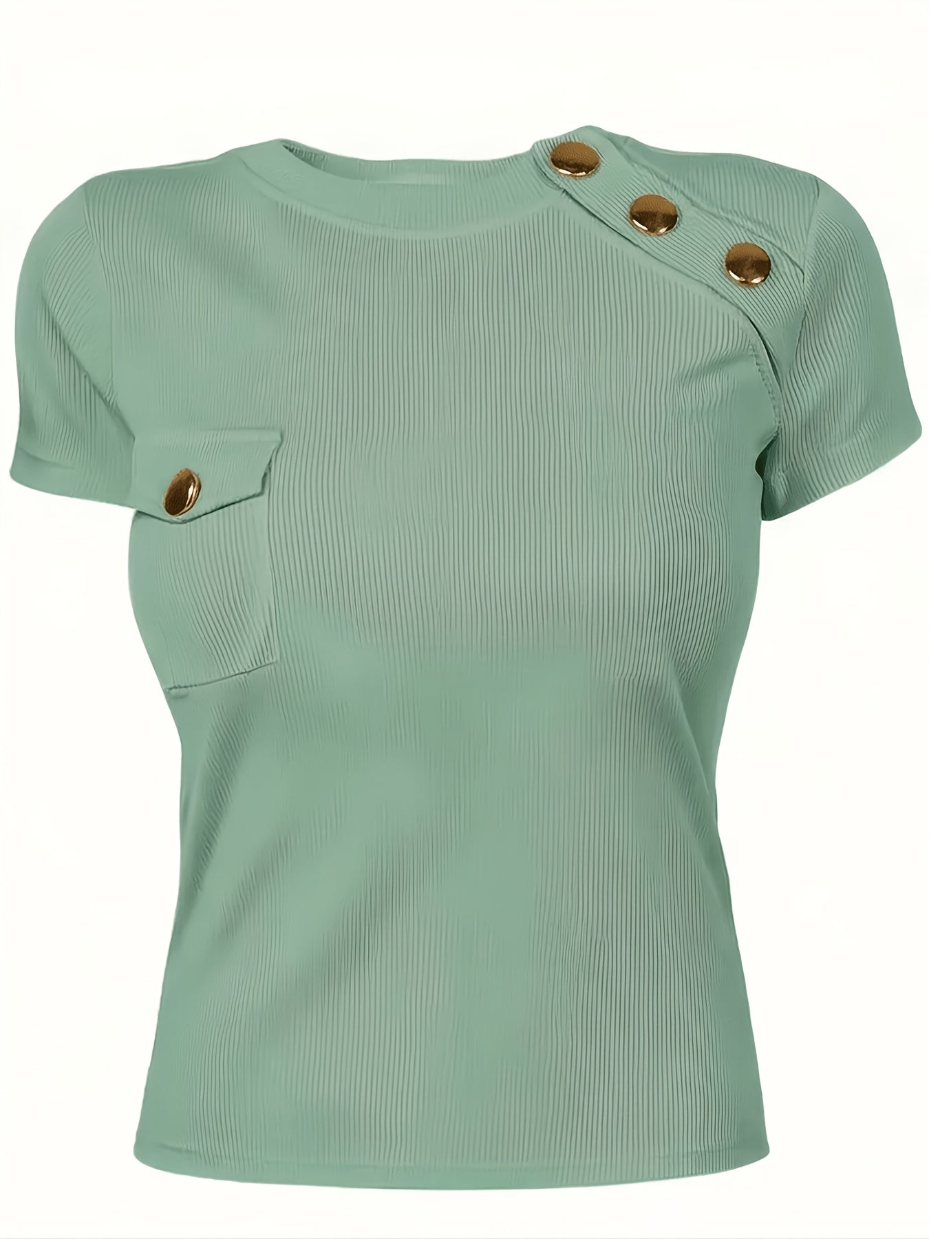 Damen T-Shirt mit kurzen Ärmeln und dekorativen Knöpfen, moderner schicker Stil