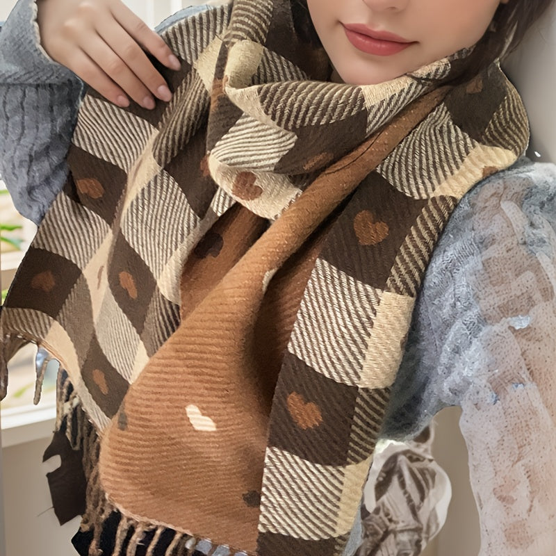 Écharpe à Carreaux et Cœurs Douce avec Franges pour Femme