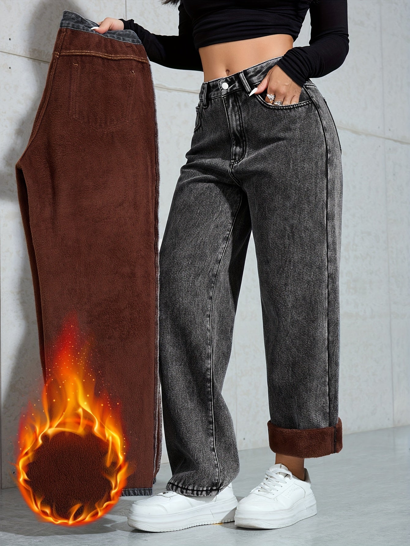 Jean large délavé femme doublé marron taille haute