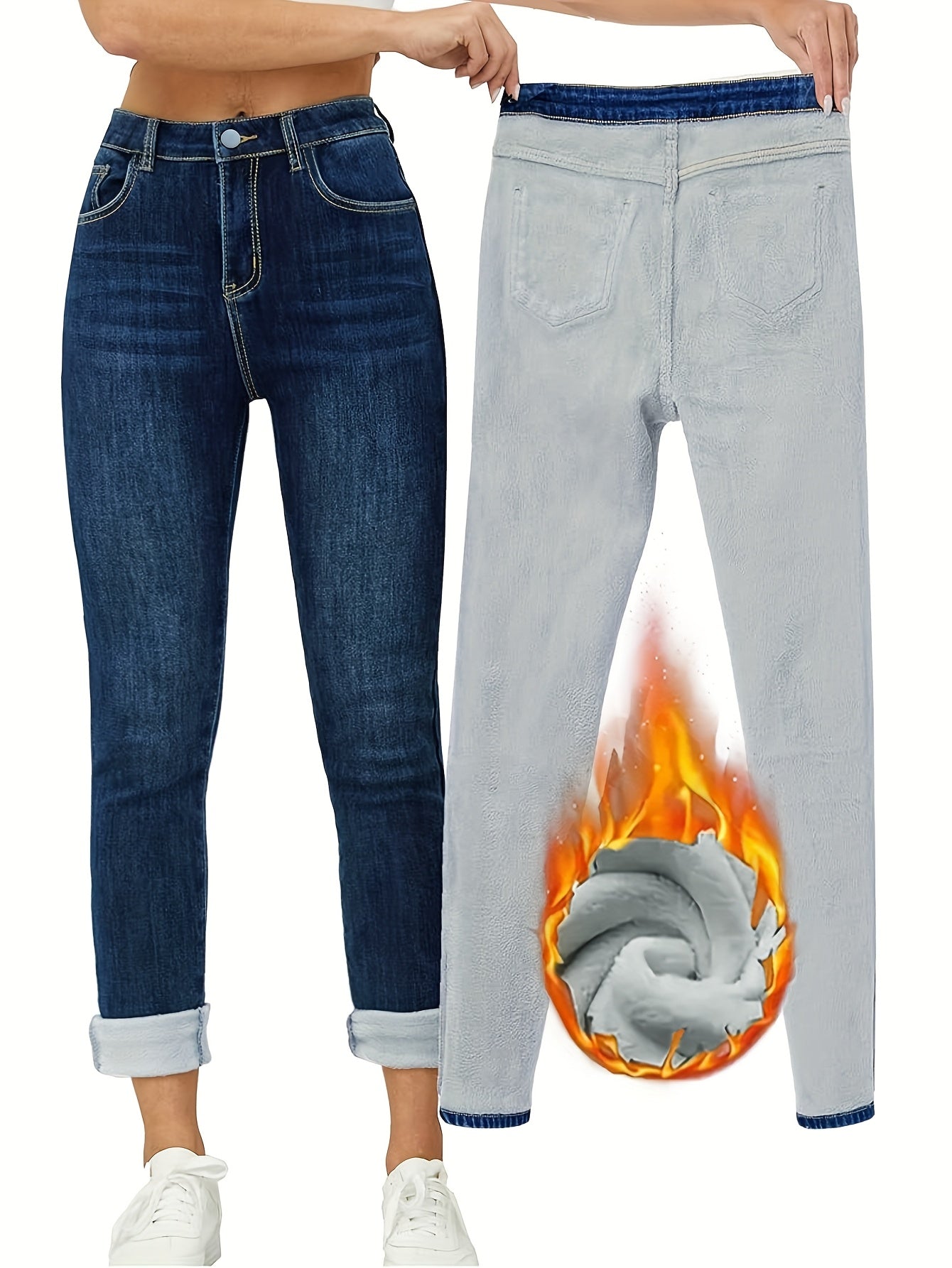 Jean Femme doublé polaire coupe droite bleu foncé chaud