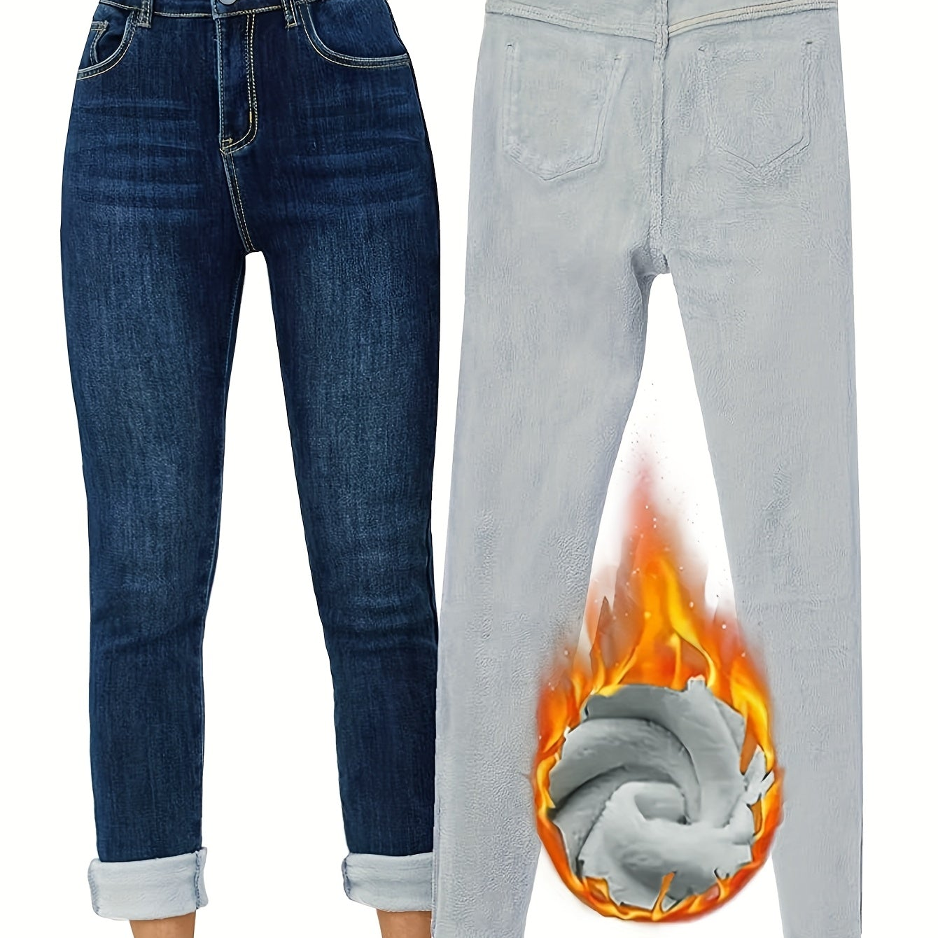 Jean Femme doublé polaire coupe droite bleu foncé chaud