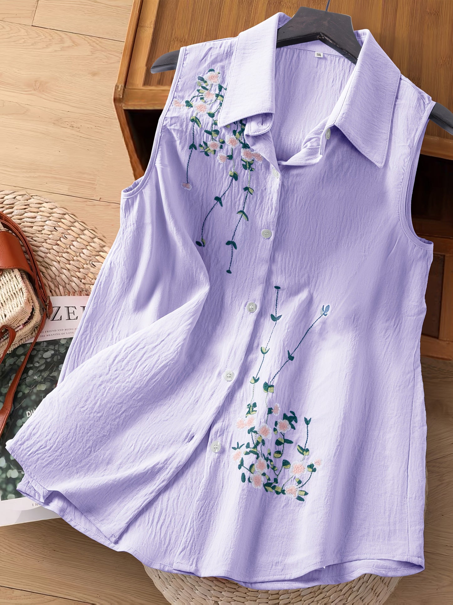 Chemisier sans manches femme style élégant avec broderie florale - Usage quotidien ou bureau