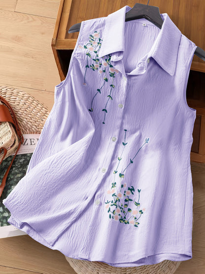 Chemisier sans manches femme style élégant avec broderie florale - Usage quotidien ou bureau