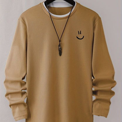 Pull homme texturé gaufré manches longues imprimé smiley col rond