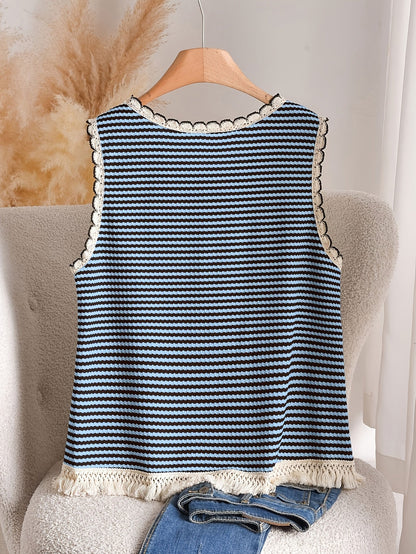 Dames tanktop grote maat elegante stijl met strepen en franjes, voor lente en zomer