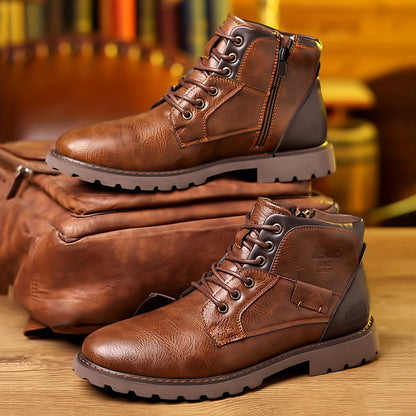 Bottes montantes homme marron lacées avec fermeture éclair latérale et semelle crantée