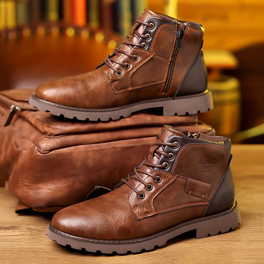 Bottes montantes homme marron lacées avec fermeture éclair latérale et semelle crantée