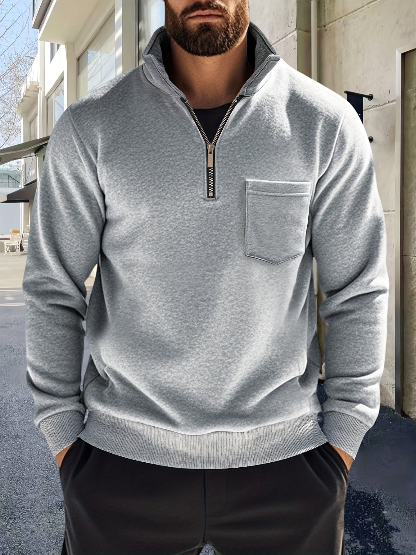 Sweat-shirt Homme Col Montant Zippé avec Poche Poitrine Couleur Unie